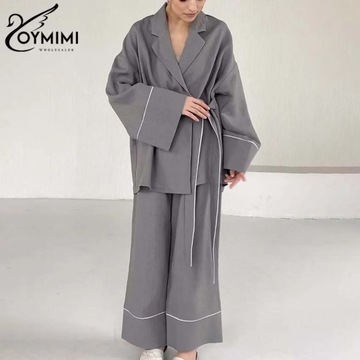 Oymimi Elegant Grey Splicing Striped 2 Piece Sets