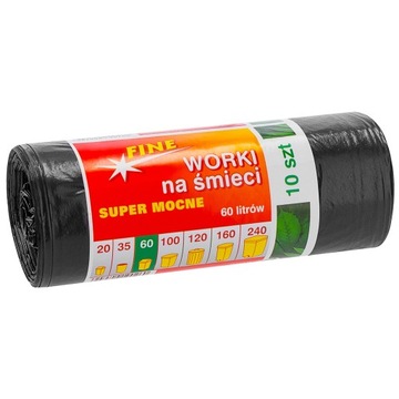 Worki na Śmieci 60L Mocne Czarne 10 SZT FINE LDPE