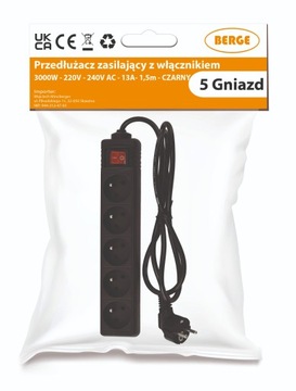Przedłużacz Listwa Zasilająca 5 Gniazd 1,5m z Wyłącznikiem Czarny 3000W