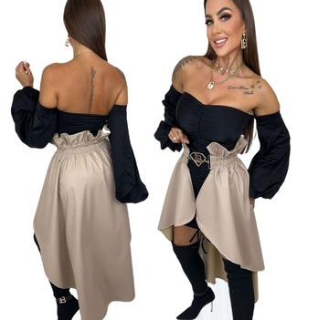 Spódnica elegancka Flamenco eko skóra sukienka Beżowa skórzana na gumce