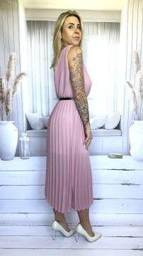 Sukienka damska elegancka midi z paskiem plisowana dekolt szyfonowa