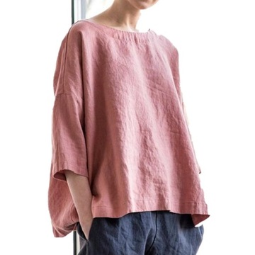 Bawełniana lniana z okrągłym dekoltem luźna bluzka