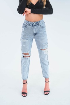 Damskie jeansowe spodnie dekatyzowane MOM FIT z dziurami push up M