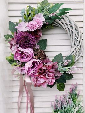 ВЕСЕННИЙ ЦВЕТОЧНЫЙ ВЕНОК НА ДВЕРЬ, ПЛЕТЕНЫЙ ВЕНОК, ЛИЛА КРЕМ, ЛАВАНДА