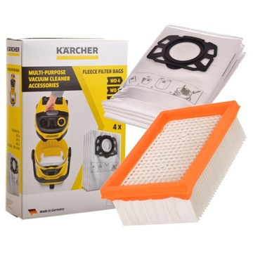 Filtr + ORYGINALNE worki 4szt KARCHER WD4 WD5 WD6 MV4 MV5 MV6