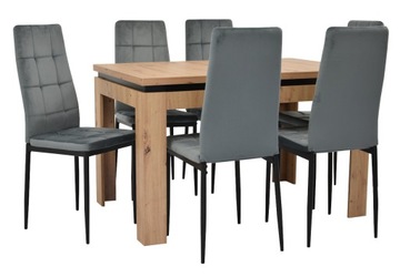 Rozkładany stół ARTISAN i 6 krzeseł tapicerowanych welur szary