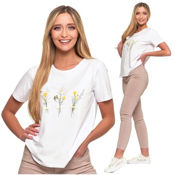 Koszulka Damska Biały T-Shirt Na Krótki Rękaw Modne Kwiaty Bawełna MORAJ XL