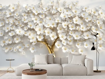 Fototapeta ZŁOTE DRZEWO 3D Z LIŚĆMI I KWIATAMI DO SYPIALNI 416 x 290 cm