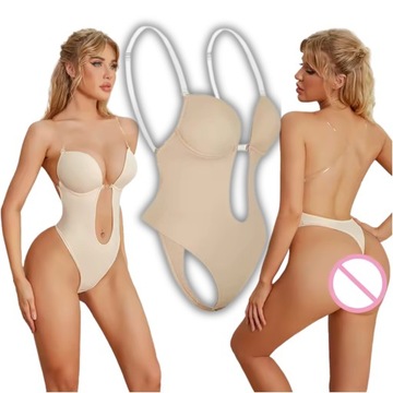 BODY damskie z głębokim dekoltem BEZ PLECÓW pod sukienkę STRINGI M