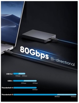 Kabel Thunderbolt 5 USB-C 80 Gb/s 240W 0,5M działa z Thunderbolt 3 4 USB 4