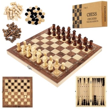 Szachy Drewniane 3w1 Warcaby Tryktrak Duże 34x34cm