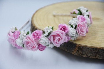 OPASKA różówa wianek komunijny kwiaty różowe na głowę na komunije wesele