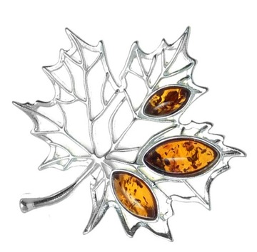 Liść klonu srebrna nowoczesna broszka z bursztynem