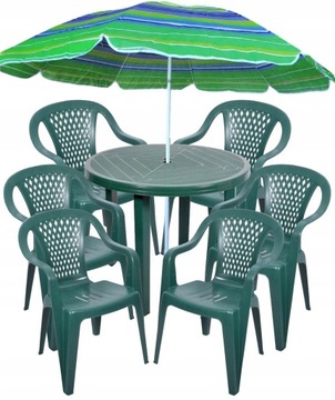 OGRODOWY WYPOCZYNKOWY 6+1 ZESTAW PLASTIKOWY KRZESŁA STÓŁ PARASOL ZIELONY