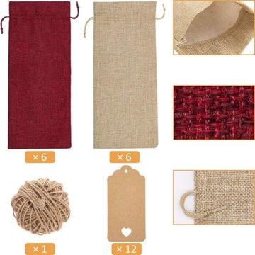 ДЖУТОВЫЕ СУМКИ ДЛЯ БУТЫЛОК ВИНА С ЭТИКЕТКАМИ, КРЫШКИ ДЛЯ БУТЫЛОК ВИНА, 12 ШТ.