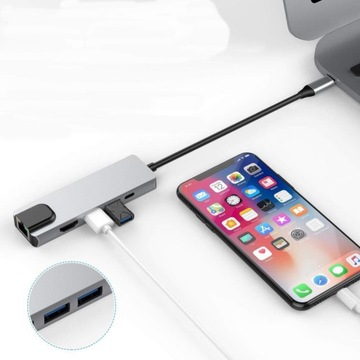 ХАБ СЕТЕВАЯ КАРТА 5-В-1 АДАПТЕР USB-C 3.0 HDMI LAN ETHERNET GIGABIT RJ45