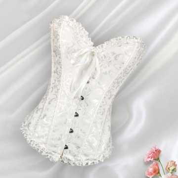 Damski gorsetowy kostium z kwiatowym wykończeniem, satynowy pas wyszczuplający w talii, sznurowany biały S