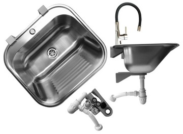 KOMORA GOSPODARCZA ZLEWOZMYWAK STAL MATOWA 55 Z PÓŁKĄ + BATERIA