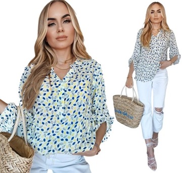 BLUZKA DAMSKA koszula luźna elegancka print dekolt guziki