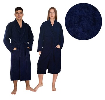 Długi Granatowy Męski Szlafrok Damski Unisex Bawełna do połowy łydki L/XL