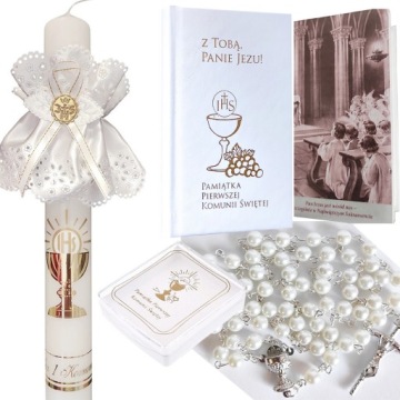 KSIĄŻECZKA MODLITEWNIK KOMUNIA + RÓŻANIEC PEREŁKA + PUDEŁECZKO + ŚWIECA MK