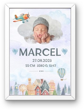 Metryczka dziecka plakat personalizacja A3 30x40 cm akwarela ze zdjęciem
