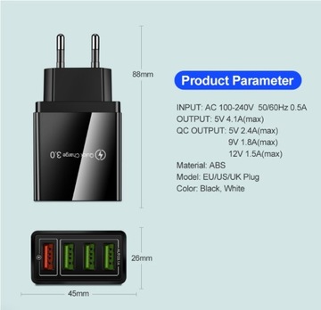 Q4-4 USB-порты 3.0 Зарядная головка для быстрой зарядки Черные зарядные вилки