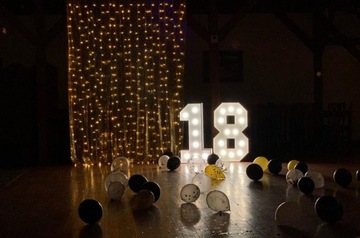 Цифра 18 освещена лампочками, цифры дня рождения 100 см.
