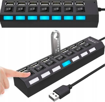 БЫСТРЫЙ КОНЦЕНТР USB2.0 РАЗВЕТВИТЕЛЬ 7 ПОРТОВ СВЕТОДИОДЫ АДАПТЕР ЧЕРНЫЕ ПЕРЕКЛЮЧАТЕЛИ