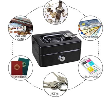 KASETKA METALOWA NA PIENIĄDZE BIŻUTERIĘ DROBIAZGI KLUCZ KLUCZE SEJF SKARBON
