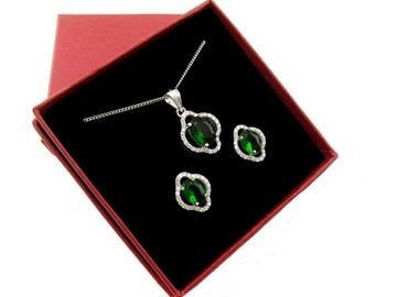 Komplet Biżuterii Srebrnej 925 Kolczyki i Naszyjnik Zielony Szmaragdowy