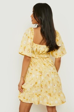 Boohoo żółta sukienka mini z drobnymi kwiatami 36