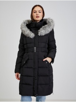 Czarny damski puchowy płaszcz zimowy z kapturem i sztucznym futrem ORSAY