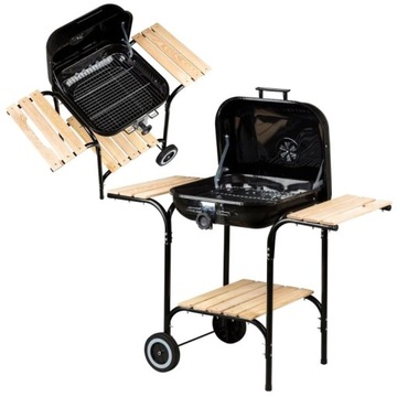 GRILL OGRODOWY WĘGLOWY DUŻY Z REGULACJĄ RUSZTU 3 PÓŁKI DREWNIANE POKRYWA