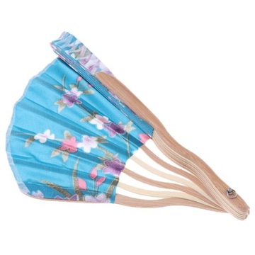 Hand Held Floral Fan Women Silk Fabric Blue