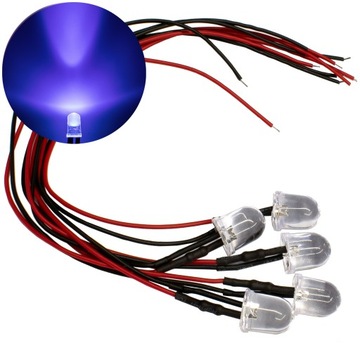 DIODY LED 12V 10mm UV - przewody o długości 20cm | komplet 5 SZT