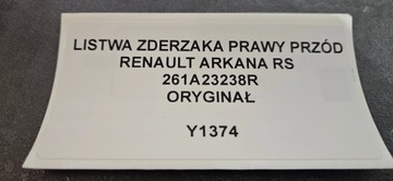 LIŠTA NÁRAZNÍKU PRAVÝ PŘEDNÍ RENAULT ARKANA RS 261A23238R ORIGINÁLNÍ