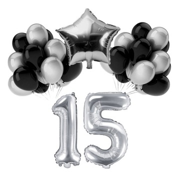 ZESTAW BALONY 15 URODZINY SREBRNY CZARNY SREBRNE 15 ROCZNICA ŚLUBU