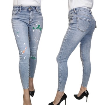 Jeansy damskie spodnie jeansowe rurki z nadrukiem