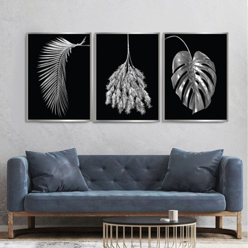 3x Набор ПОСТЕРОВ А2 40Х50 см СЕРЕБРЯНЫЙ ПАЛЬМОВЫЙ ЛИСТ МОНСТРИАЛЬНЫЙ ЛИСТ ЧЕРНЫЙ