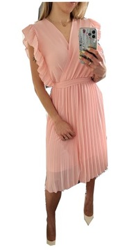 Sukienka damska wyszczuplająca midi elegancka szyfonowa plisowana dekolt