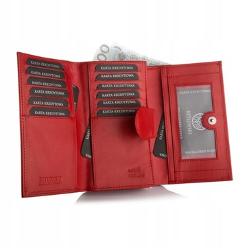BETLEWSKI portfel damski skórzany RFID skóra przegródki na karty czerwony