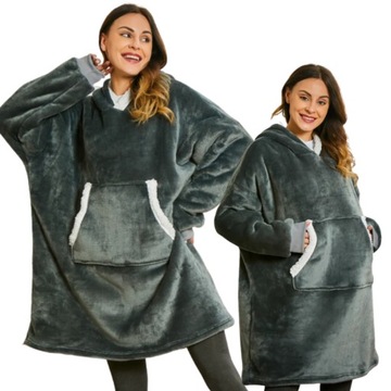 KOC BLUZA Oversize Ciepła Gruba KOCOBLUZA 2w1 XXL SZARA Futrzak z Kapturem