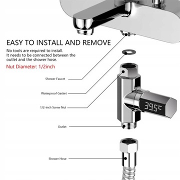 Цифровой светодиодный термометр для душа без видимой батареи