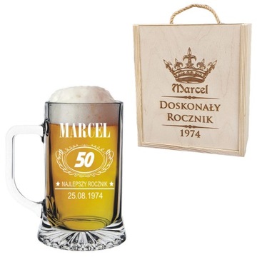 Personalizowany Z Grawerem KUFEL POKAL do piwa 500ml Skrzynka na PREZENT
