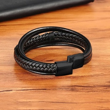 CZARNA BRANSOLETKA SKÓRZANA Z PIÓRKIEM MĘSKA SKÓRA PIÓRO ELEGACKA STAL 316L