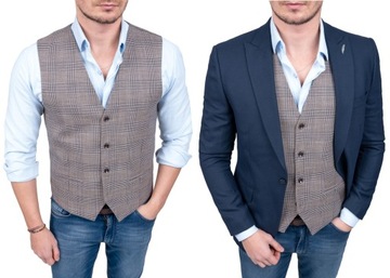 Brązowa elegancka kamizelka w niebieską kratę meska + dodatki - 54