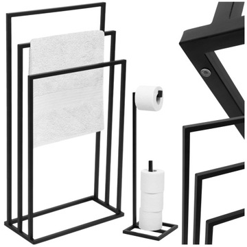 STOJAK NA 3 Ręcznik RĘCZNIKI WIESZAK METALOWY LOFT CZARNY+UCHWYT NA PAPIER