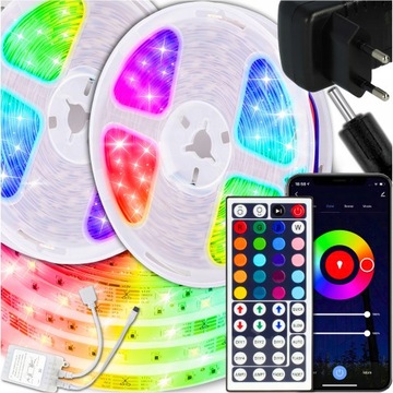 TAŚMA LED RGB 10M KOLOROWA WODOODPORNE LEDY PILOT BLUETOOTH PREMIUM 5050