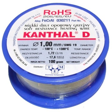 Drut oporowy KANTHAL D ⌀ 1,00mm Masa: 100g